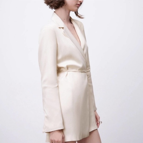 Zara Cream Beige Satin Effect True Wrap Long Sleeve Blazer Mini Dress Small - Picture 16 of 16